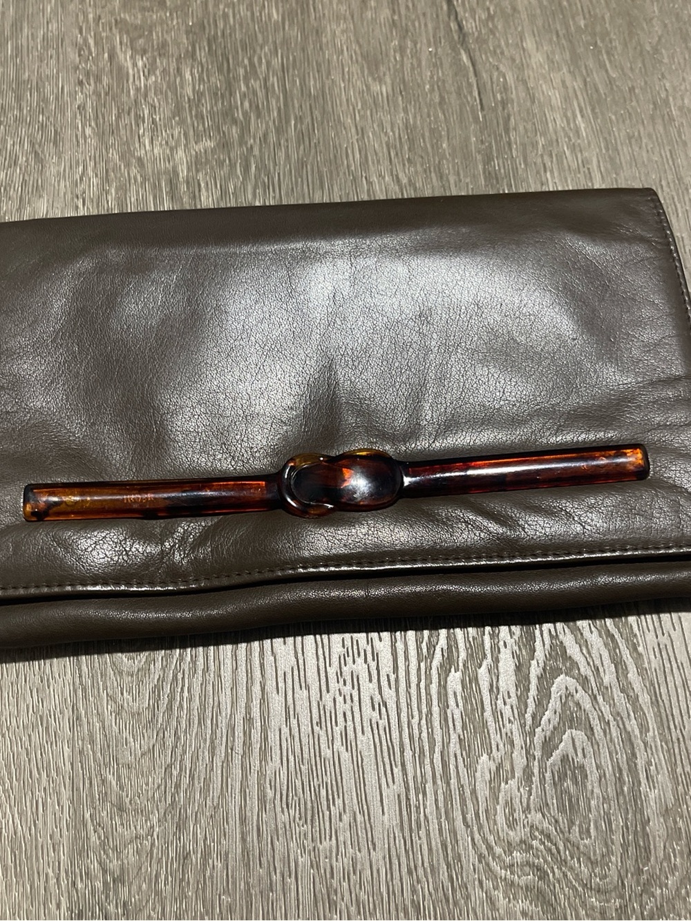 Beehi Women's Brown Leather Clutch with Tortoiseshell Accent Have Spots
